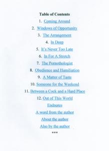 Table of Contents from - Coming Around. Story titles are highlighted showing that they were hyperlinked during formatting process.